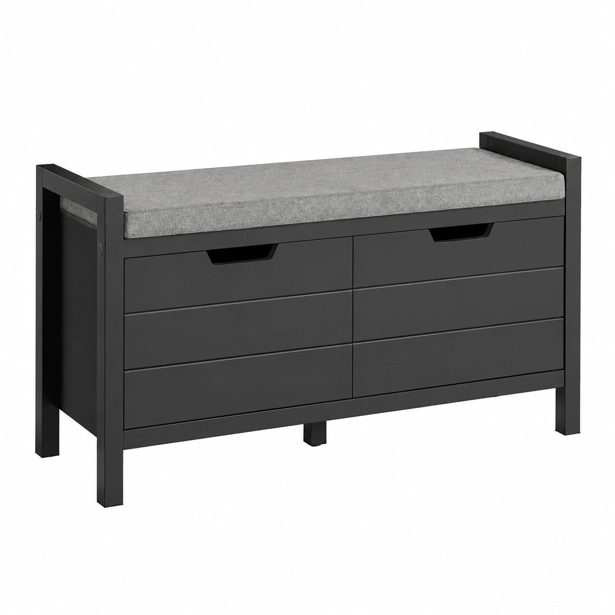 Meuble à chaussures Helvarexo noir avec coussin rembourré, rangement pratique, dimensions 91x30x50 cm, idéal pour entrée ou couloir.