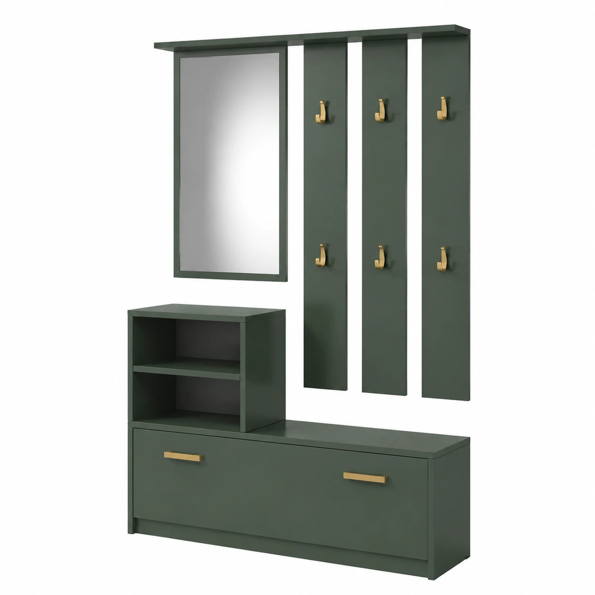 Porte-manteau vert helvarexo en bois pour l’entrée ou le couloir, avec espace pour manteaux et accessoires.