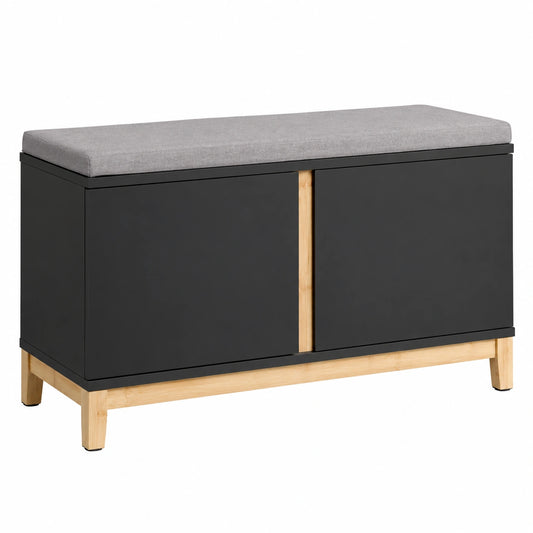 Banquette en bois avec portes, dimensions 90x34x46 cm, pour espace de vie, marque helvarexo, assise pratique et élégante