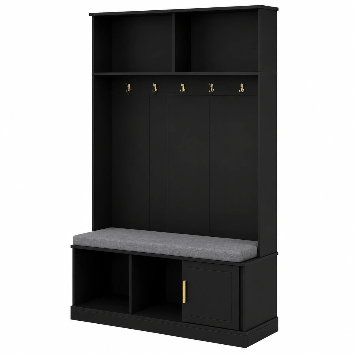 Porte-manteaux noir Helvarexo avec rangement et crochets pour entrée ou couloir, meuble pratique et fonctionnel.