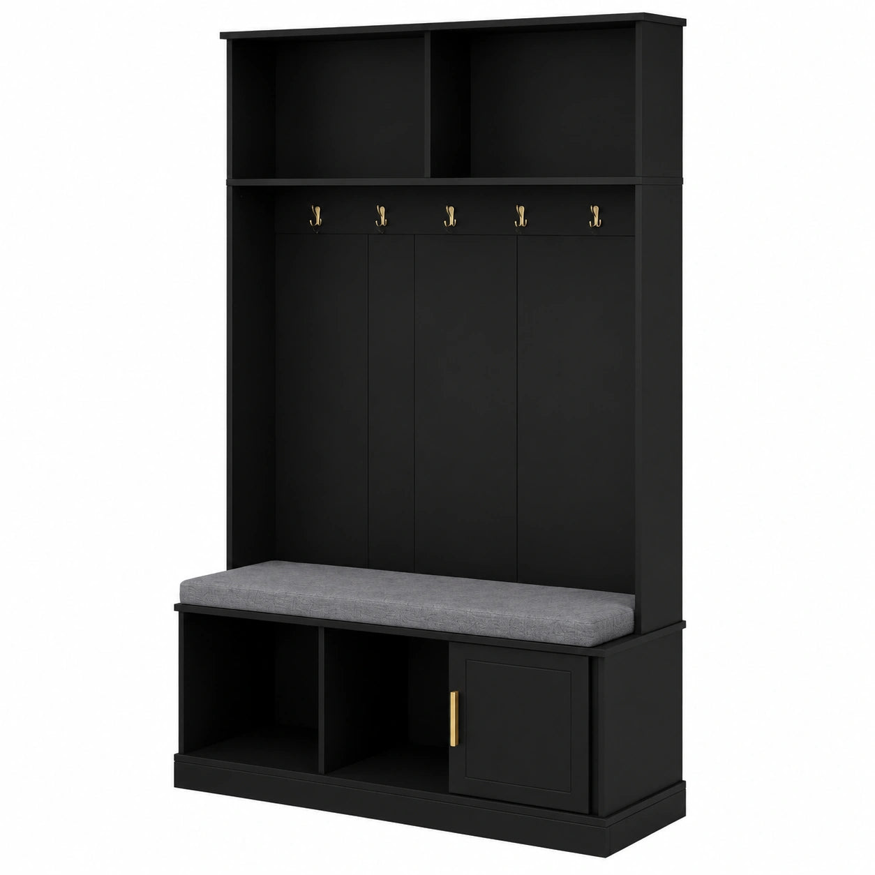 Porte-manteaux noir Helvarexo avec rangement et crochets pour entrée ou couloir, meuble pratique et fonctionnel.