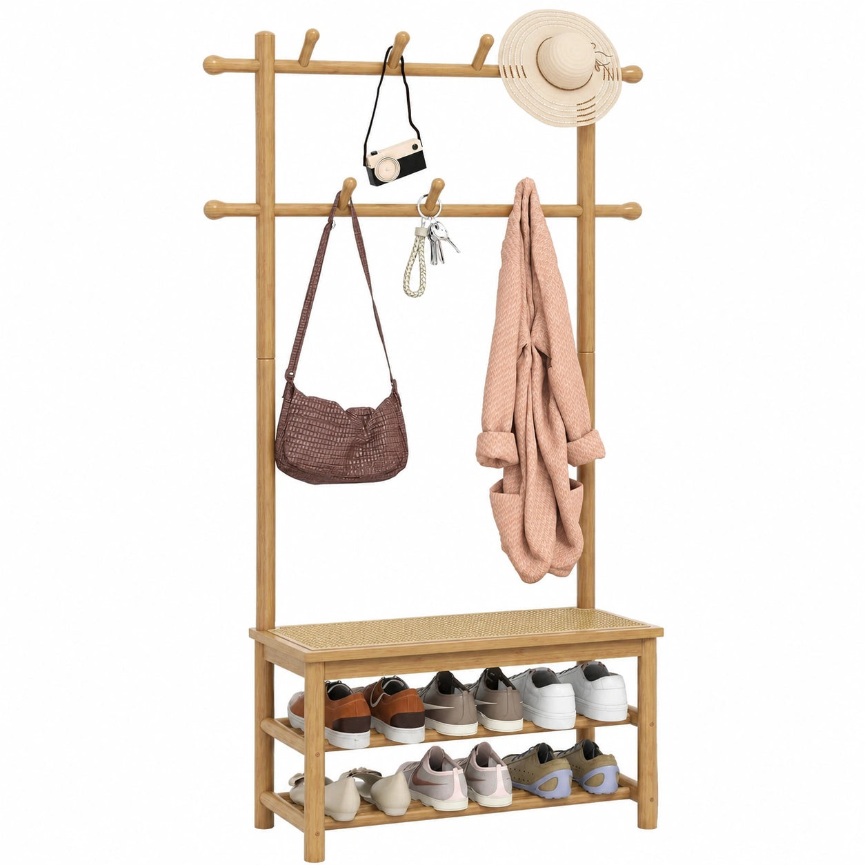 Porte-manteaux en bambou et résine tressée avec crochets et portes, coloris naturel, pour entrée ou couloir, meuble helvarexo