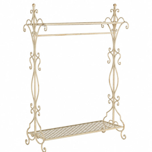 Porte-manteaux en métal blanc avec étagères, meuble d’entrée ou couloir, conçu par helvarexo, pour suspendre vêtements et accessoires.