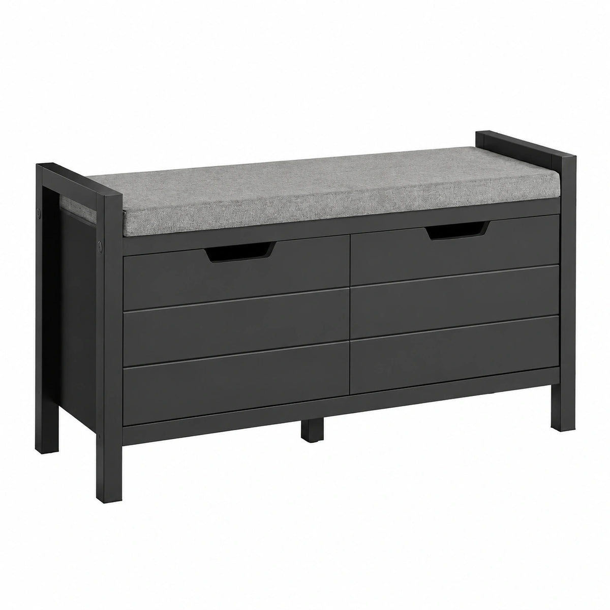 Meuble à chaussures Helvarexo noir avec coussin rembourré, rangement pratique, dimensions 91x30x50 cm, idéal pour entrée ou couloir.