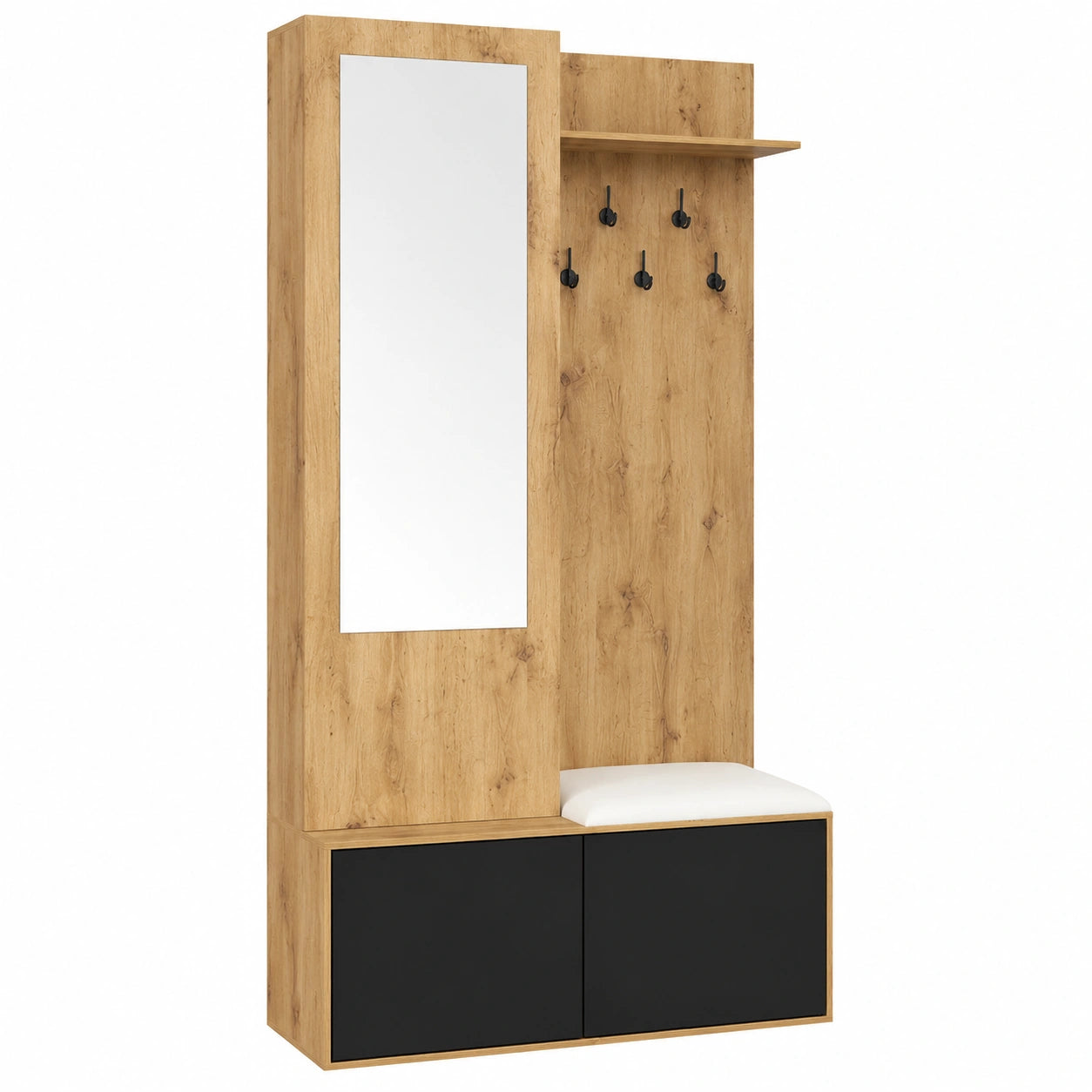 Porte-manteaux en bois helvarexo avec tiroirs et étagères, meuble d'entrée ou couloir, rangement pratique et élégant.