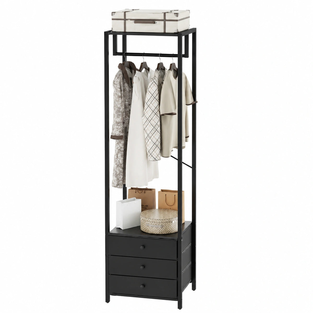 Porte-manteaux noir avec tiroirs Helvarexo, meuble d’entrée en bois, dimensions 39x29x179 cm, pour couloir ou entrée.