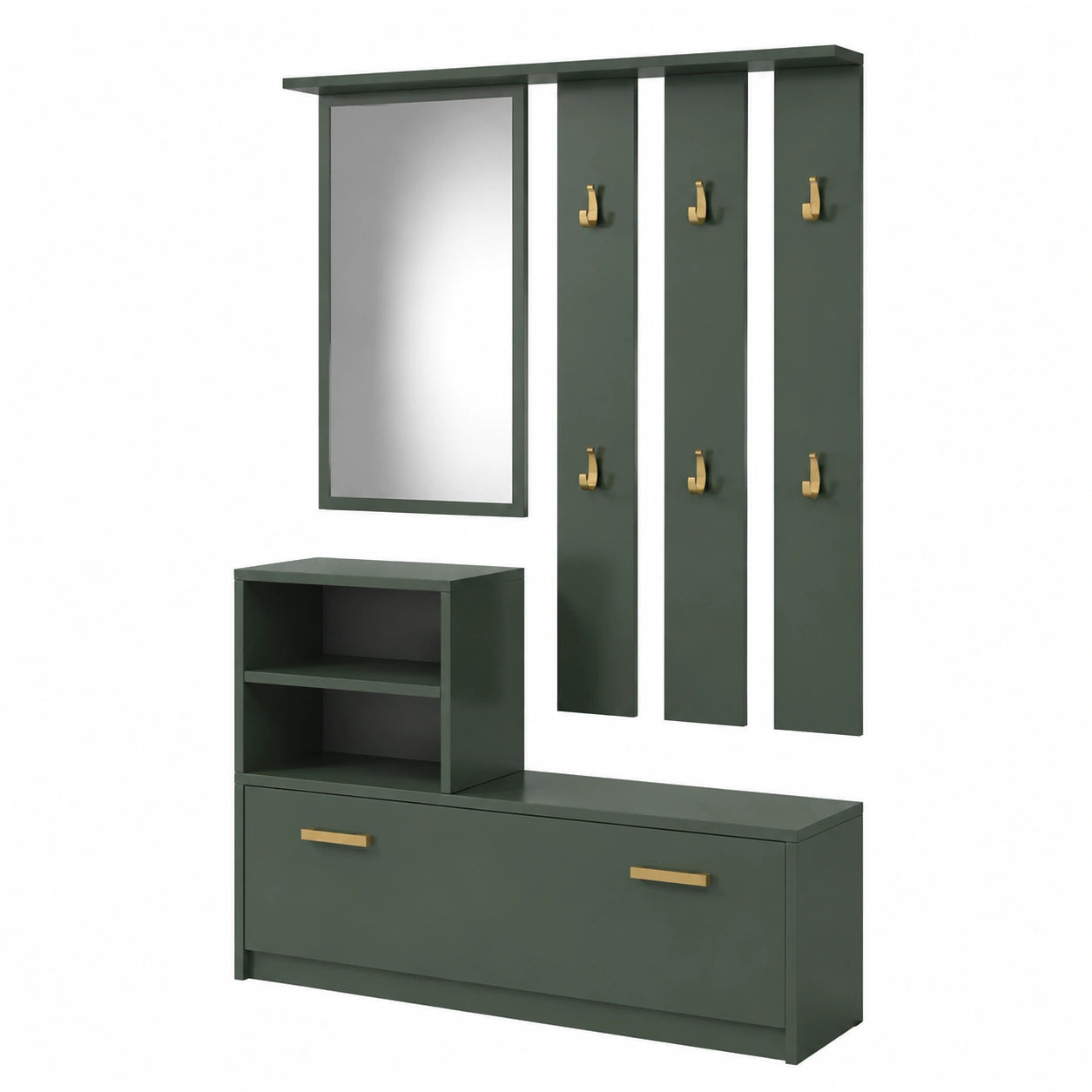 Porte-manteau vert helvarexo en bois pour l’entrée ou le couloir, avec espace pour manteaux et accessoires.