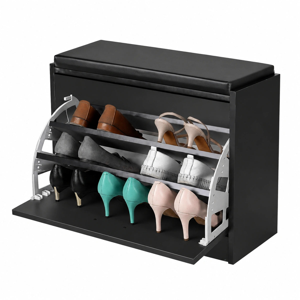 Meuble à chaussures en cuir noir de Helvarexo, avec portes, dimensions 60x30x48 cm, pour entrée ou couloir.