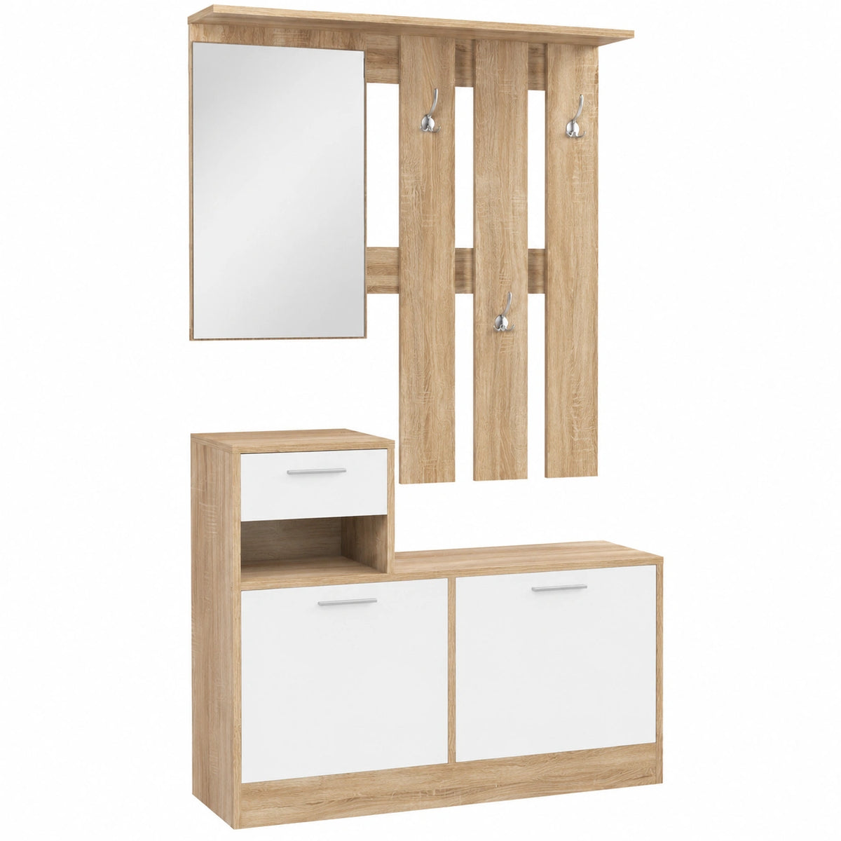 Porte-manteau blanc avec portes, meuble d'entrée ou couloir, conçu par helvarexo, pour accrocher vêtements et accessoires.