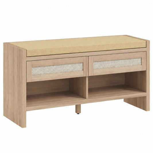 Banquette en chêne et lin marron, 108x35x50 cm, mobilier pour espace de vie, design élégant et naturel.