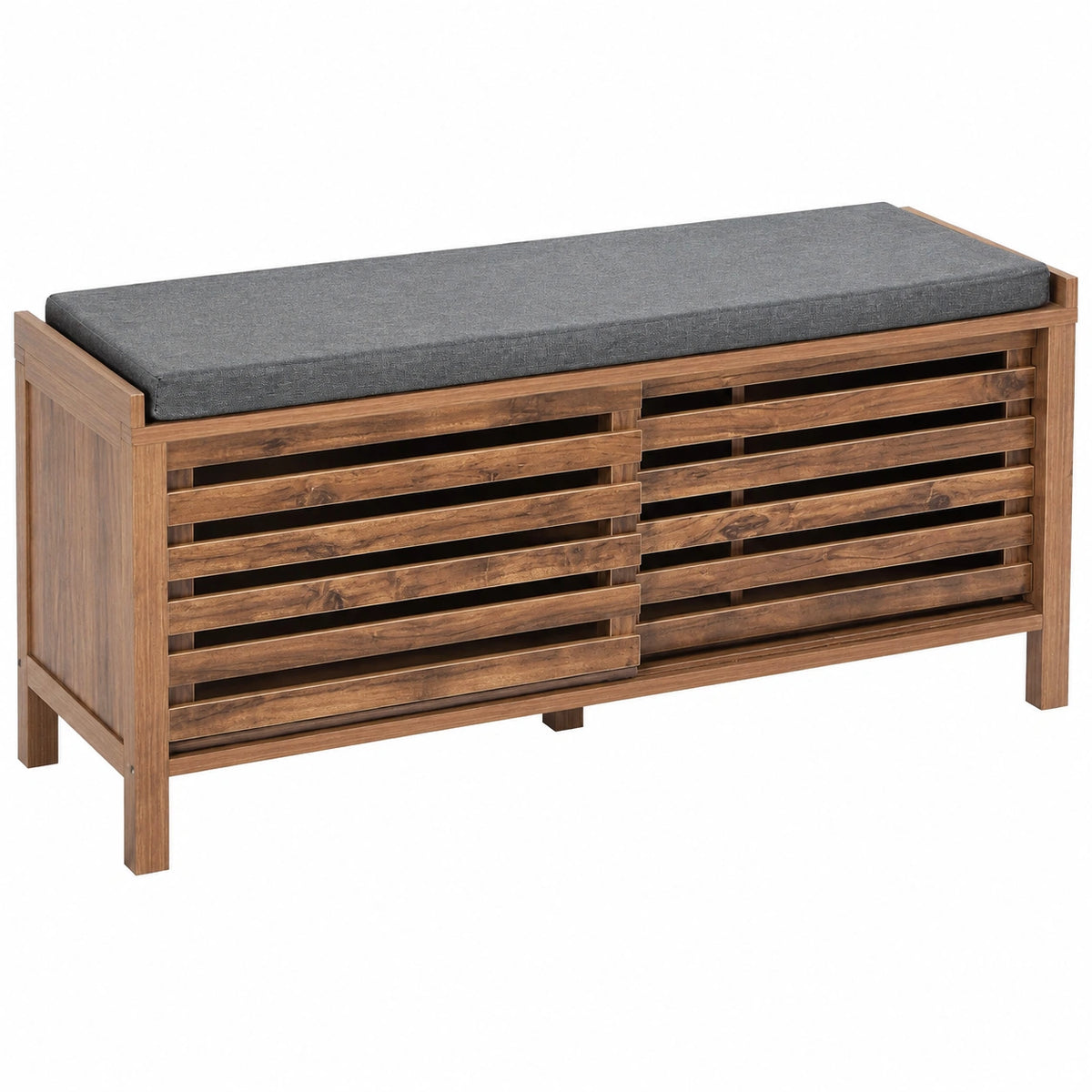 Meuble à chaussures helvarexo en lin gris avec portes coulissantes et coussin pour entrée ou couloir, design moderne et pratique.