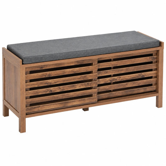 Meuble à chaussures helvarexo en lin gris avec portes coulissantes et coussin pour entrée ou couloir, design moderne et pratique.