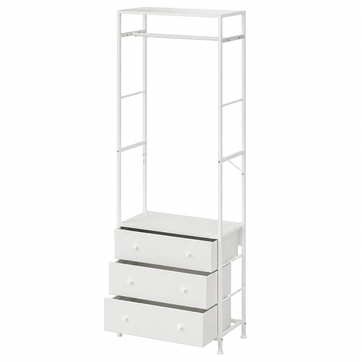 Porte-manteaux métallique blanc avec tiroirs et portes, meuble d'entrée helvarexo, dimensions 55x28x176 cm, pour l'entrée ou le couloir