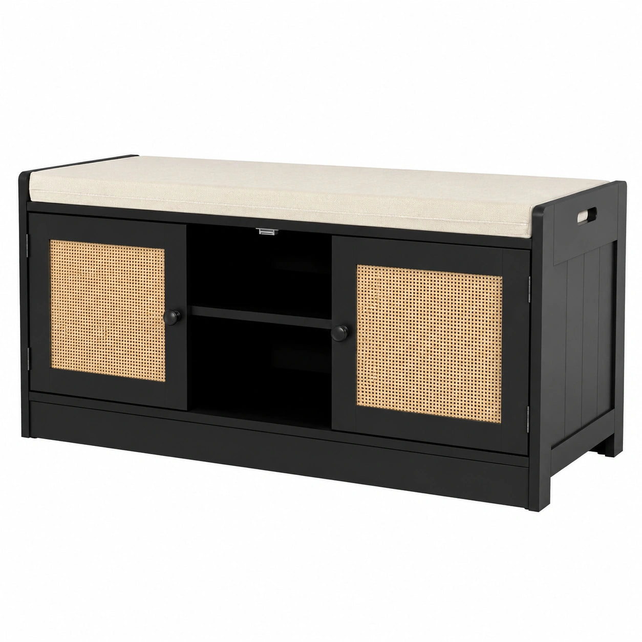 Meuble à chaussures en résine tressée noire avec coussin et rangement, idéal pour entrée ou couloir, par helvarexo